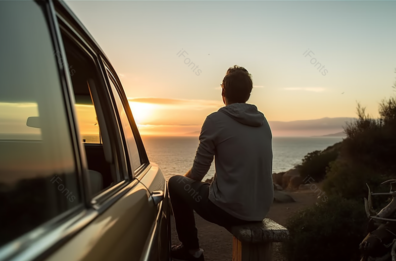 一名男子自驾到海边公路上停车看日落晚霞,高清,摄影图,摄影图片,图片大全,摄影图免费下载